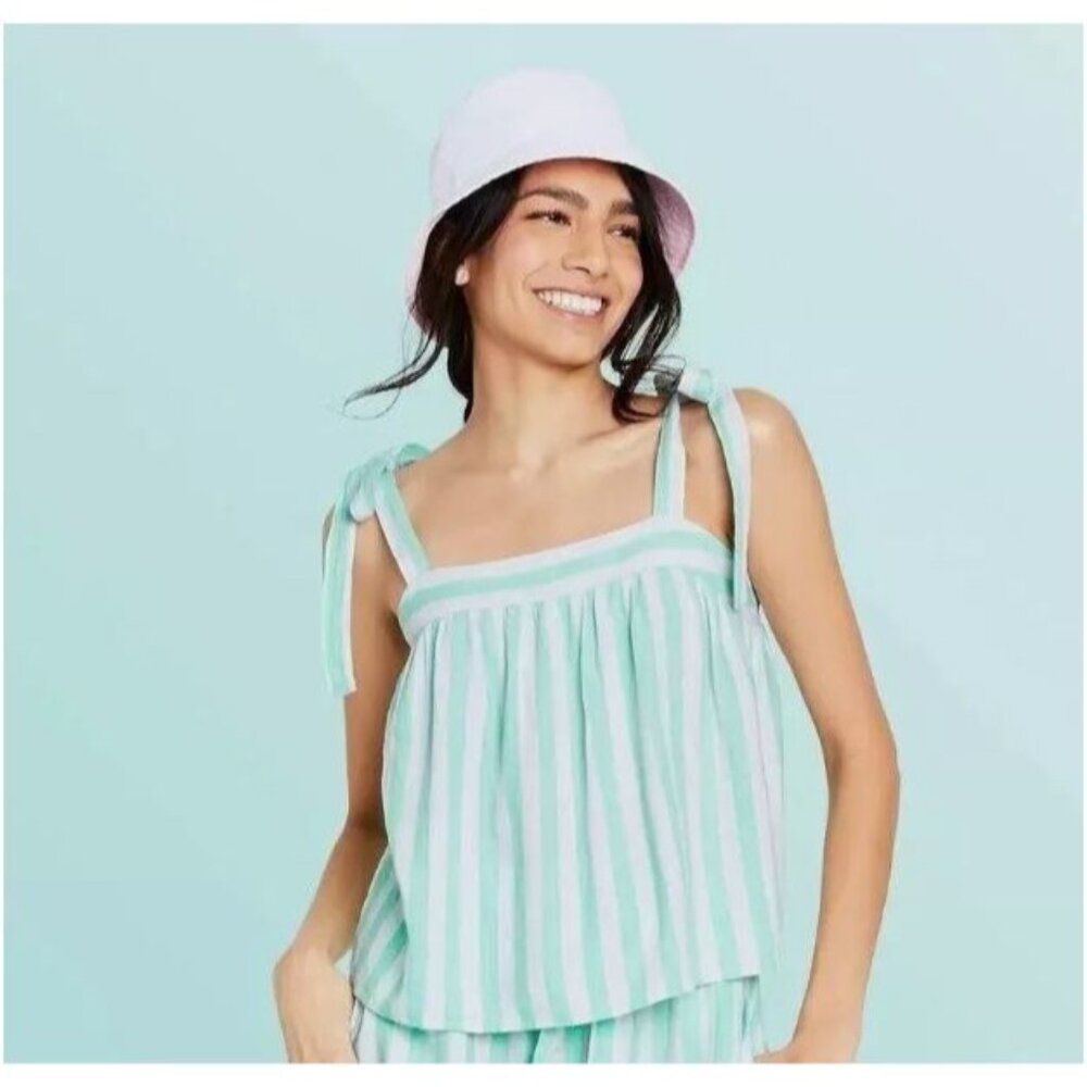 Stoney Clover Lane Linen-Blend Tie-Straps Peplum Tank – Green Stripe M